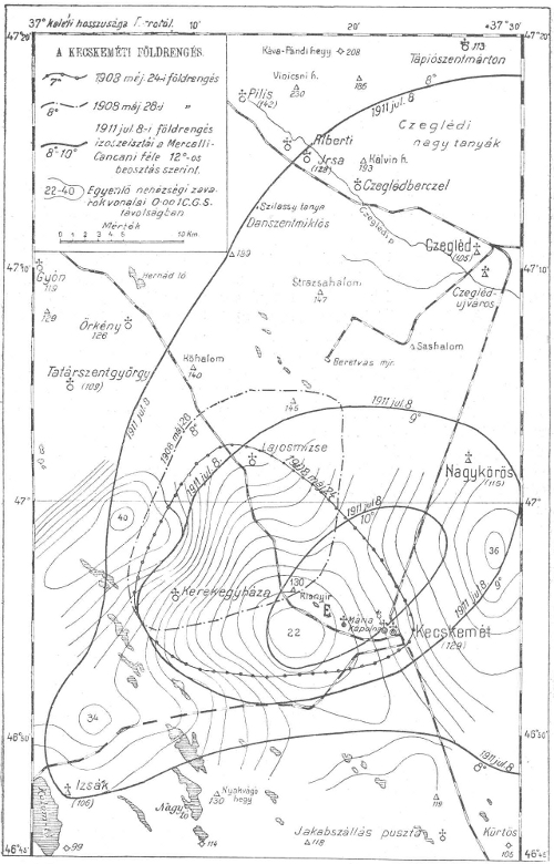 Az 1911-es és két korábbi, 1908-as kecskeméti földrengés izoszeizta térképe
