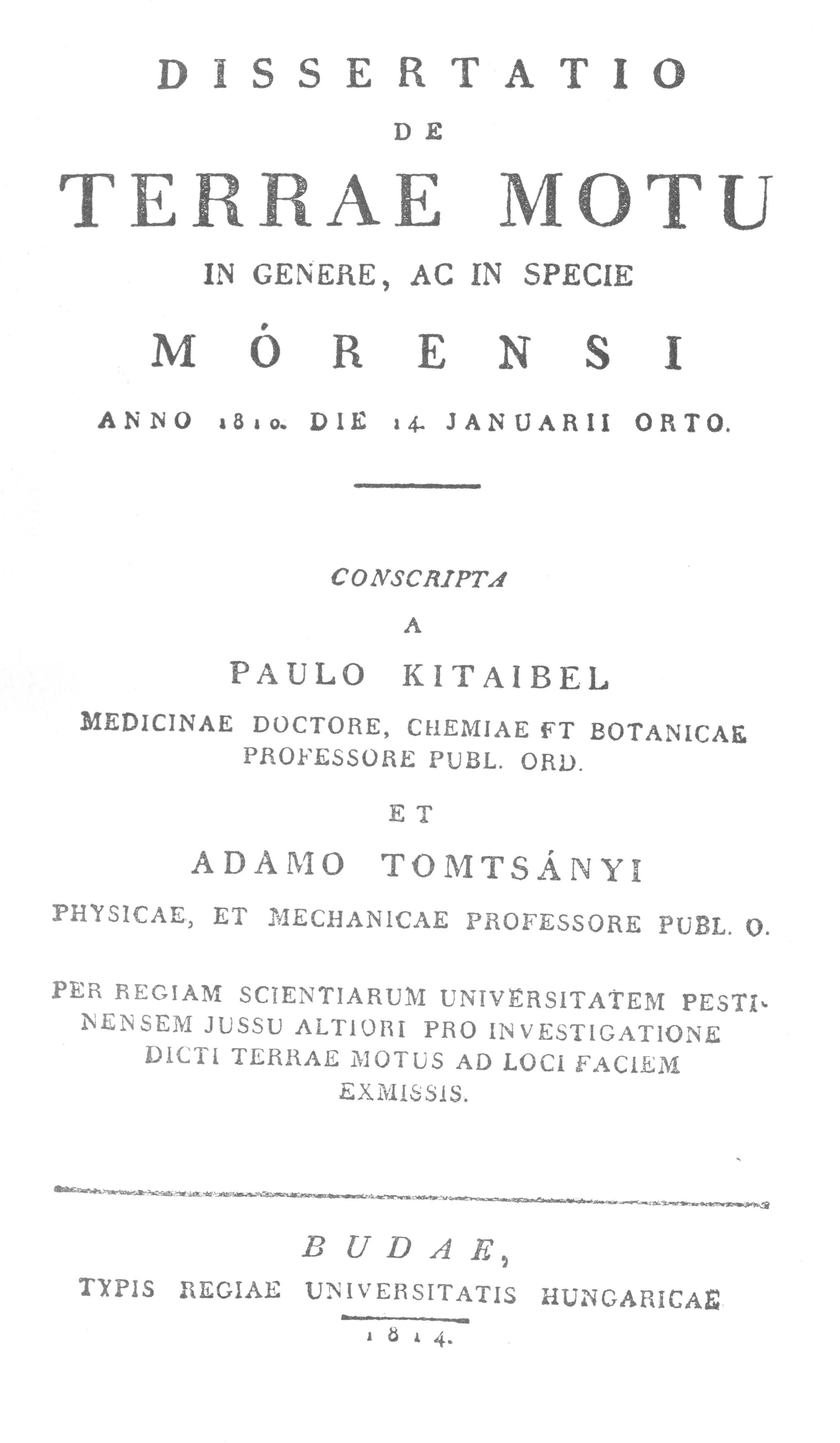 Az 1810-es móri földrengésről 1814-ben megjelent átfogó tanulmány címlapja